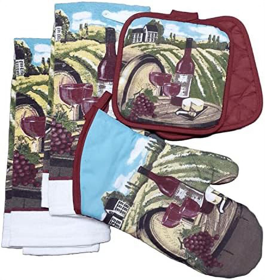 Wine Themed Kitchen Towel Set with 2 Quilted Holders, 2 Dish Towels and