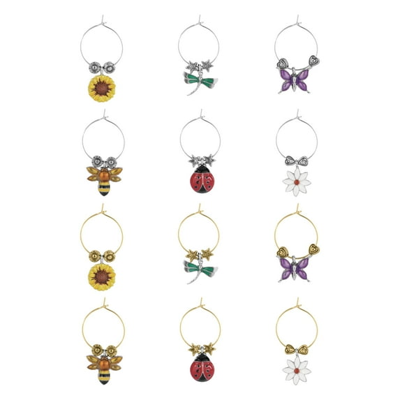 Wine Things 12-Piece Flowers & Friends Wine Charms/Wine Glass Tags/Drink Markers for Stem Glasses