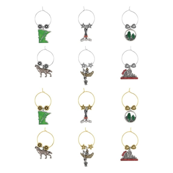 Wine Things 12-Piece Minnesota Wine Charms/Wine Glass Tags/Drink Markers for Stem Glasses