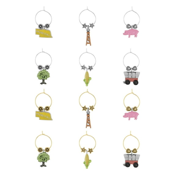 Wine Things 12-Piece Nebraska Wine Charms/Wine Glass Tags/Drink Markers for Stem Glasses