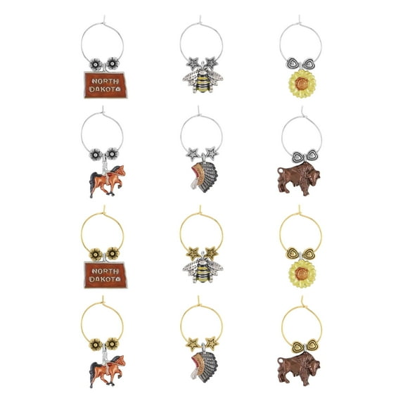 Wine Things 12-Piece North Dakota Wine Charms/Wine Glass Tags/Drink Markers for Stem Glasses