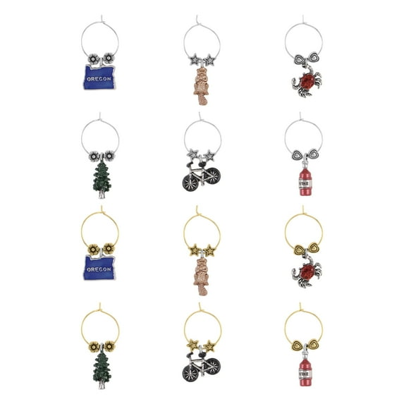 Wine Things 12-Piece Oregon Wine Charms/Wine Glass Tags/Drink Markers for Stem Glasses