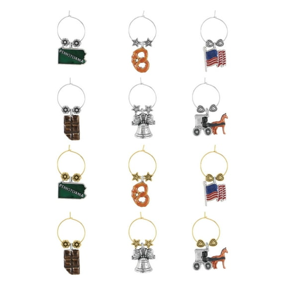 Wine Things 12-Piece Pennsylvania Wine Charms/Wine Glass Tags/Drink Markers for Stem Glasses
