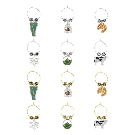 Wine Things 12-Piece Vermont Wine Charms/Wine Glass Tags/Drink Markers for Stem Glasses