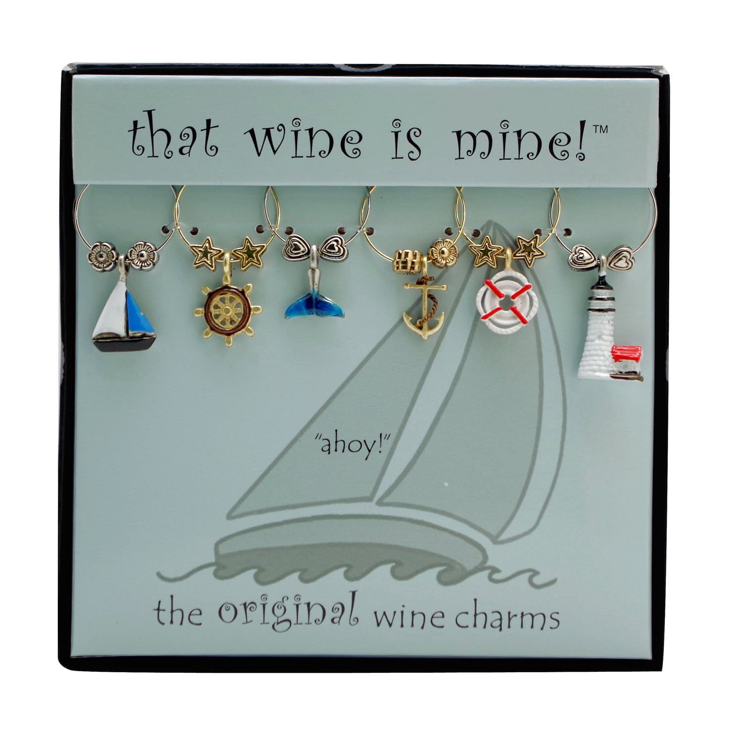 Wine Things 6-Piece Wine Charms/Wine Glass Tags/Drink Markers for Stem Glasses, Wine Tasting Party (Ahoy!)