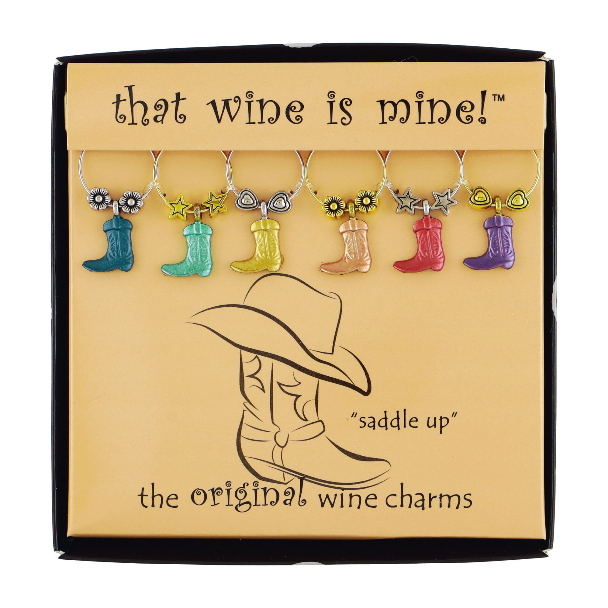 Wine Things 6-Piece Wine Charms/Wine Glass Tags/Drink Markers for Stem Glasses, Wine Tasting Party (Boot)