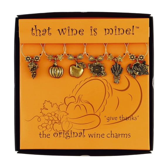 Wine Things 6-Piece Wine Charms/Wine Glass Tags/Drink Markers for Stem Glasses, Wine Tasting Party (Give Thanks)