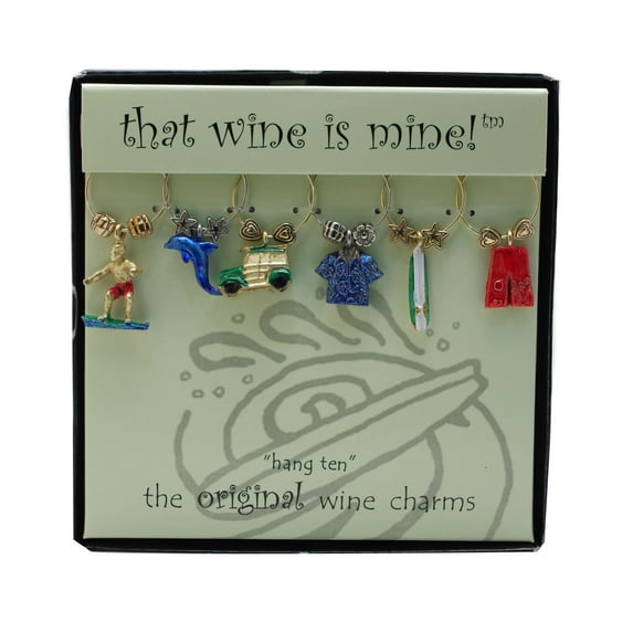 Wine Things 6-Piece Wine Charms/Wine Glass Tags/Drink Markers for Stem Glasses, Wine Tasting Party (Hang Ten)