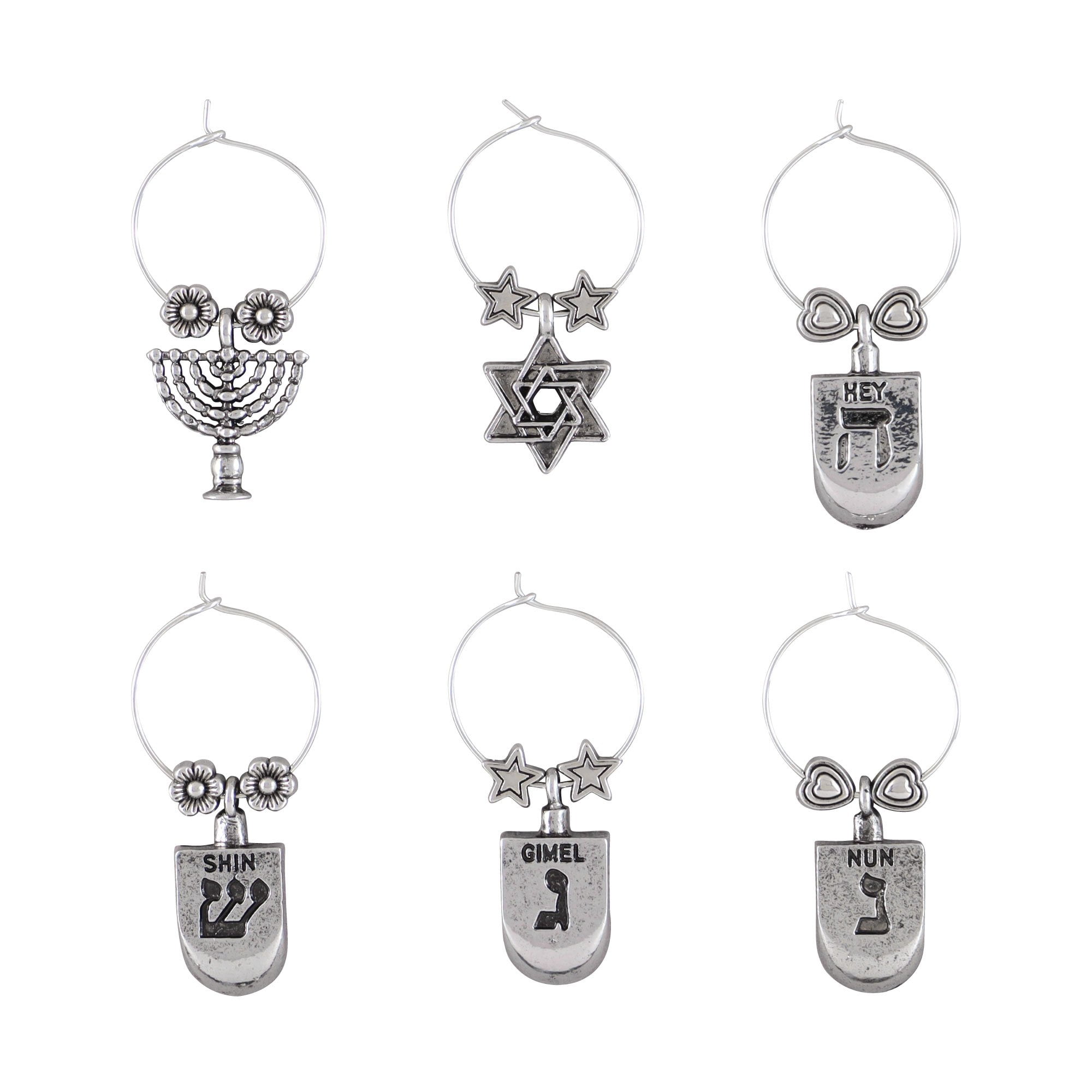 Wine Things 6-Piece Wine Charms/Wine Glass Tags/Drink Markers for Stem Glasses, Wine Tasting Party, Hanukkah Party (Happy Hanukkah)
