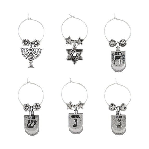 Wine Things 6-Piece Wine Charms/Wine Glass Tags/Drink Markers for Stem Glasses, Wine Tasting Party, Hanukkah Party (Happy Hanukkah)