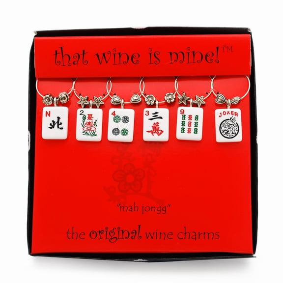 Wine Things 6-Piece Wine Charms/Wine Glass Tags/Drink Markers for Stem Glasses, Wine Tasting Party (Mah Jongg)