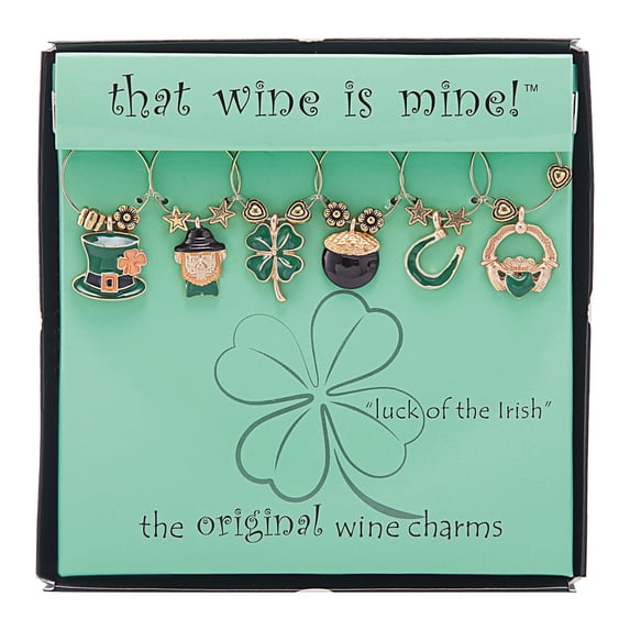 Wine Things 6-Piece Wine Charms/Wine Glass Tags/Drink Markers for Stem Glasses, Wine Tasting Party, St. Patrick's Day Party (Luck of The Irish)