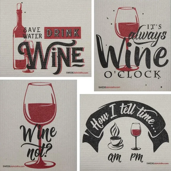 Wine Time Sayings Set Of 4 Each Swedish Dishcloths | Eco Friendly Absorbent Clea