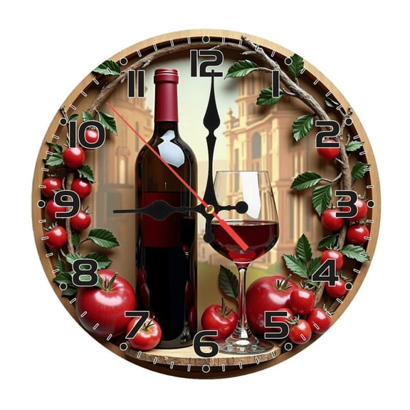 Wine Tomatoes Wall Clock 10 Inch Silent Non Ticking Round Clock Decoration for Living Room Kitchen Bedroom Bathroom Office Classroom
