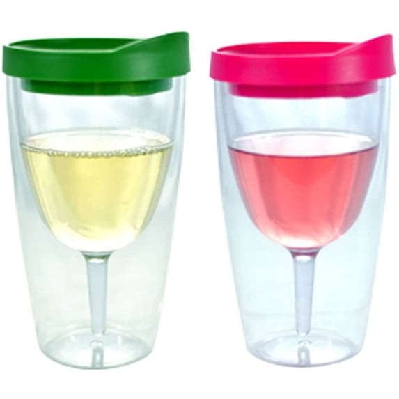 Wine Tumbler - 10oz Insulated Vino Double Wall Acrylic With Green Lid & Pink Lid, 2 Count Pack of 1