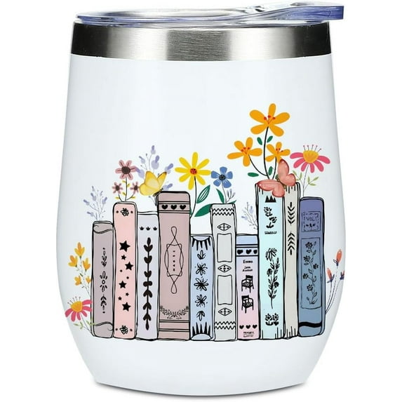 Wine Tumbler, 12 oz Coffee Mug Travel Insulated Cup Vacuum Wine Glass with Lid, Book Lovers Gifts Birthday Christmas Farewell Reading Book Accessories Bookish Librarian Gifts for Women Coworker