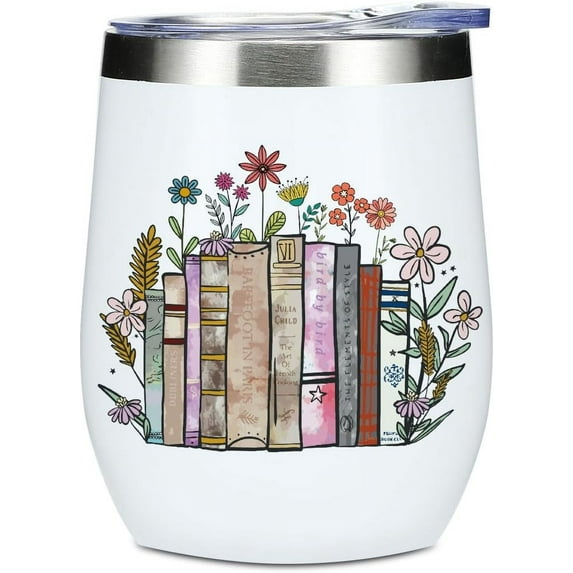 Wine Tumbler, 12 oz Coffee Mug Travel Insulated Cup Vacuum Wine Glass with Lid, Book Lovers Gifts Birthday Christmas Thanksgiving Reading Book Accessories Bookish Librarian Gifts for Women Mom Grandma