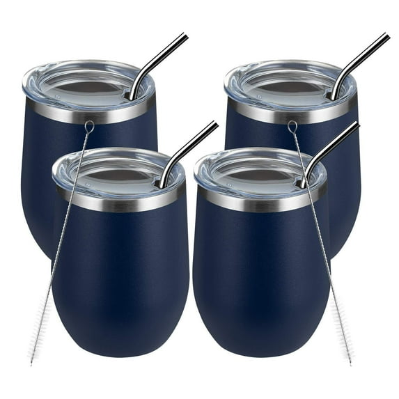 Wine Tumbler, 12oz 4 Pack Insulated Wine Tumbler with Lid and Straw, Double Wall Vacuum Stainless Steel for Cold & Hot Drinks, Navy