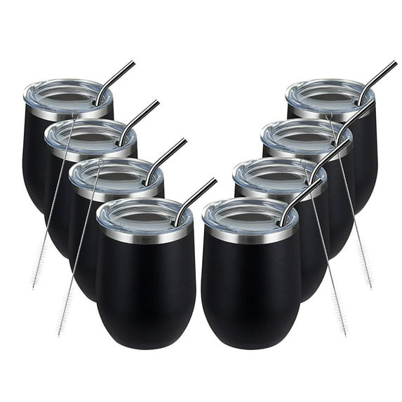 Wine Tumbler, 12oz 8 Pack Insulated Wine Tumbler with Lid and Straw, Double Wall Vacuum Stainless Steel for Cold & Hot Drinks, Black
