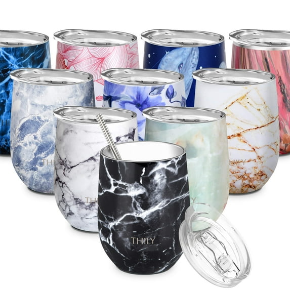 Wine Tumbler Stainless Steel Insulated - THILY Stemless Wine Glass with Lid and Straw, Travel Cup Keep Cold for Coffee, Cocktails, Black Marble