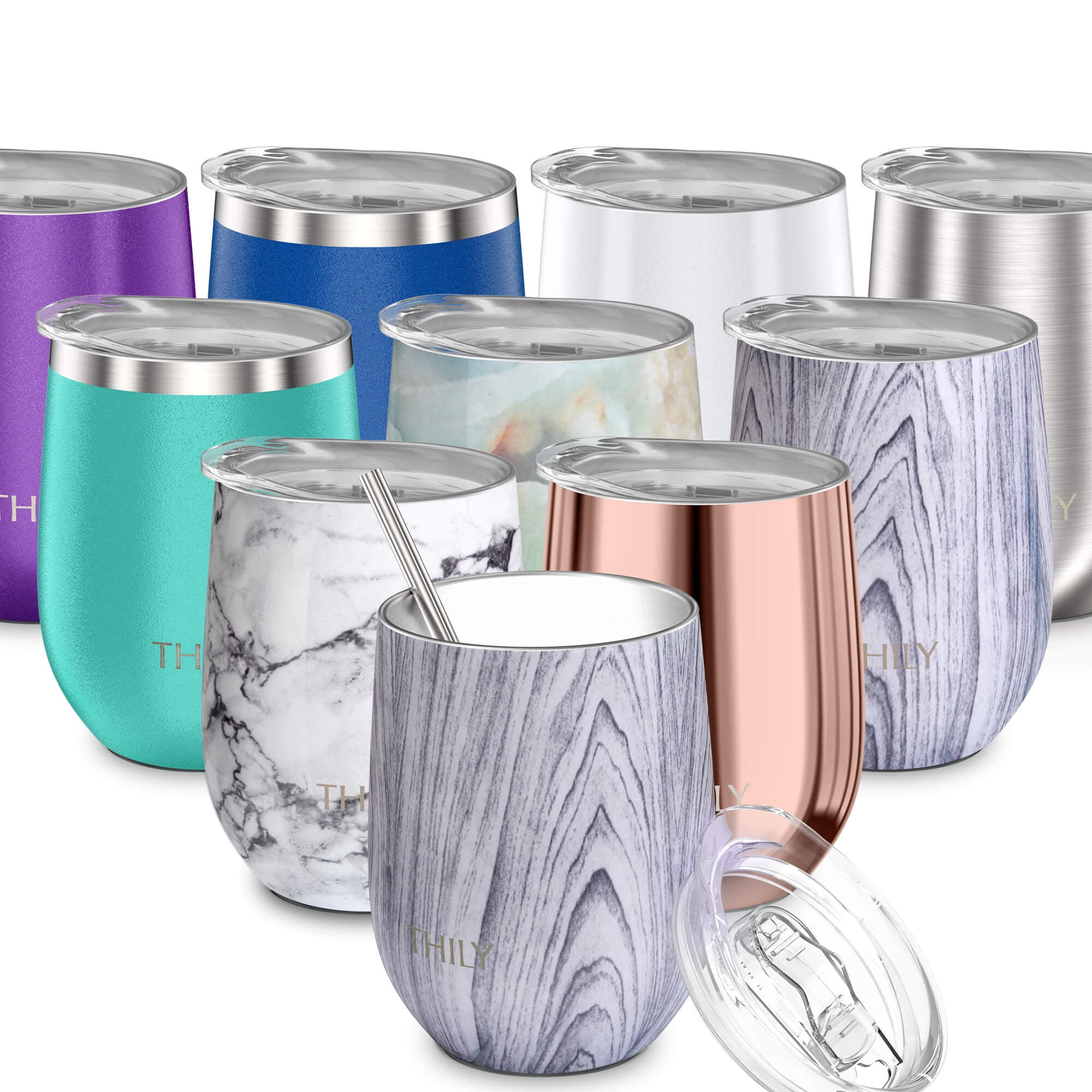 6 Pieces 18/8 Stainless Steel Insulated Wine Tumbler with Lid  and Straw 12 oz Christmas Stemless Insulated Wine Glass Travel Wine Glass  Dishwasher Safe Stemless Wine Cup Double Wall Metal