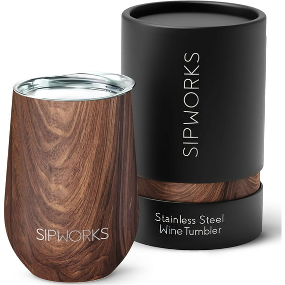 Wine Tumbler with Lid - 12 oz Stainless Steel Insulated Wine Tumbler Portable Spill Resistant Stemless Travel Wine Glass & Cocktail Cup - Mahogany