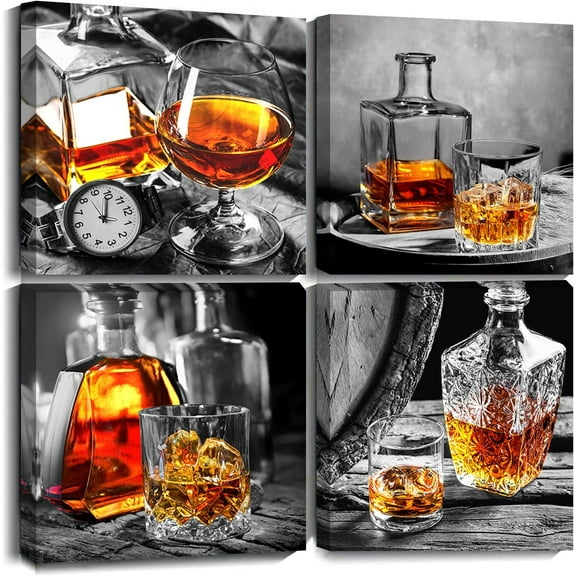 Wine Wall Art Kitchen Decor 12x12 Modern Black and Grey Wine Glass Canvas Pictures Prints Framed Artwork Dining Room Bar Poker Room Man Cave Wall Decor 4 Piece Small Set