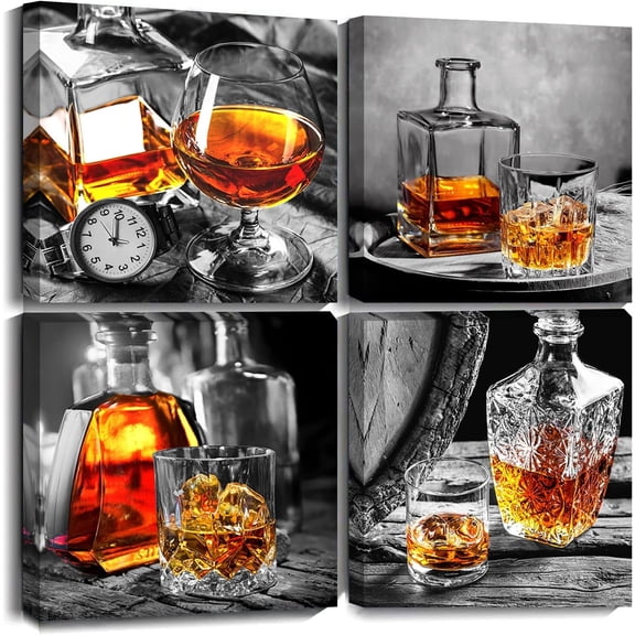 Wine Wall Art Kitchen Decor 12x12 Modern Black and Grey Wine Glass Canvas Pictures Prints Framed Artwork Dining Room Bar Poker Room Man Cave Wall Decor 4 Piece Small Set