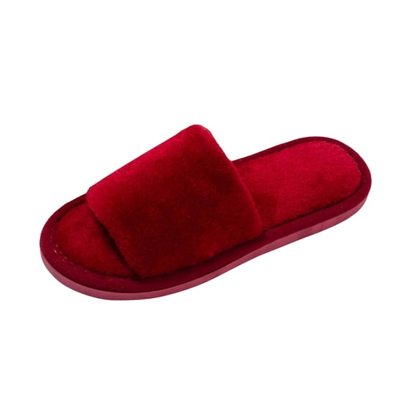 Wine Warm Furry Slippers For Ladies One Strap Open Toe Thick Sole Non-Slip Indoor Sandals Fall Winter Cozy Comfort Soft Fabric Ideal For Comfort At Home