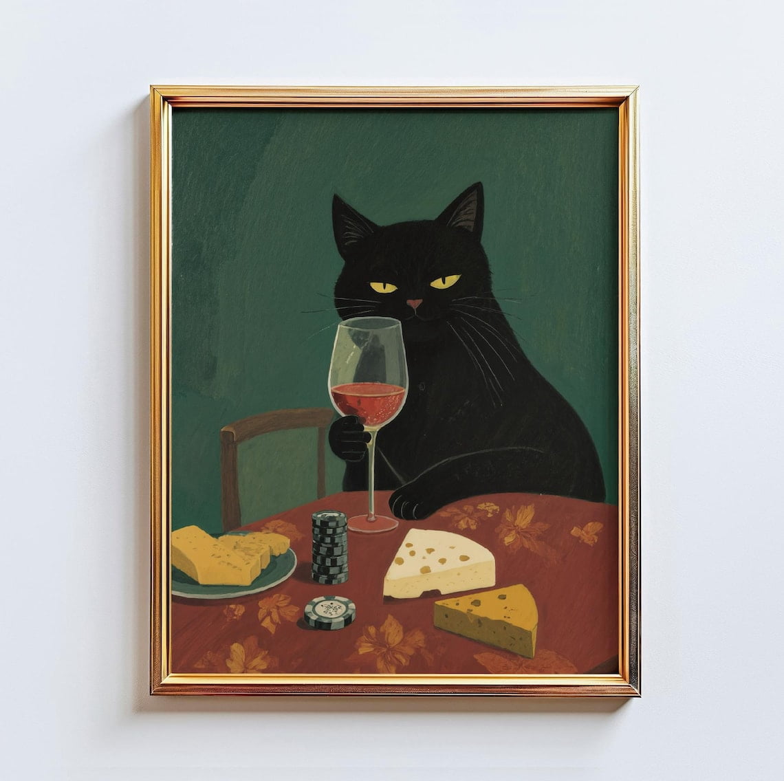 Wine & Whiskers – Classy Black Cat Art Print, Moody Wall Art, Green ...