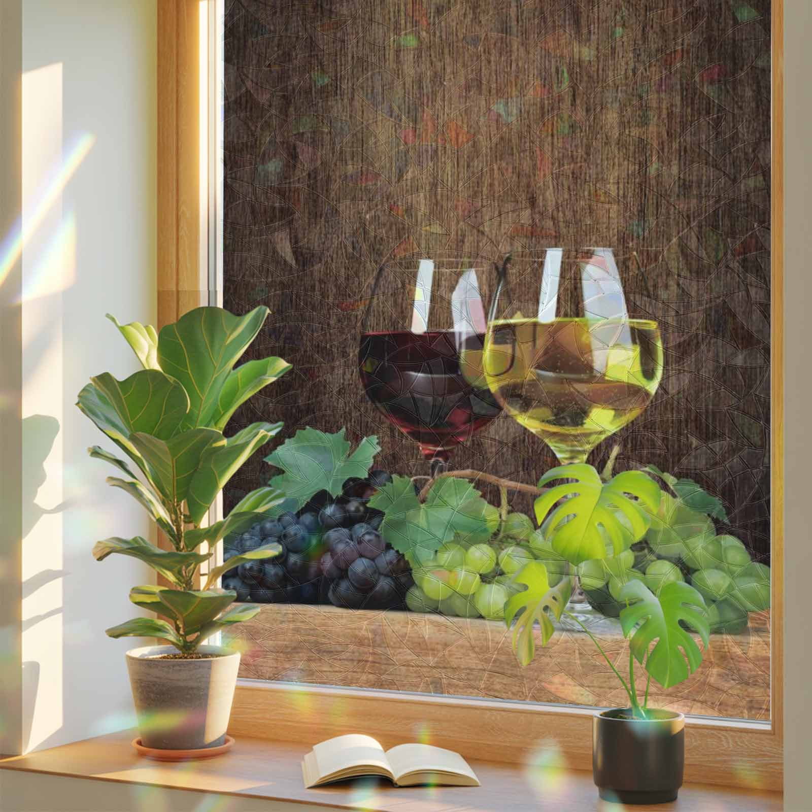 Wine Window Privacy Film Rainbow Static Cling Stain Glass Window Film for Glass Door, Decorative Sunroof Decal Sticker for Car Bathroom 23.6"x59" Goblet Grapes Champagne Farmhouse Wooden Country