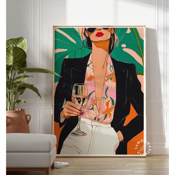 Wine Woman Abstract Poster, Stretched Canvas 12x16in