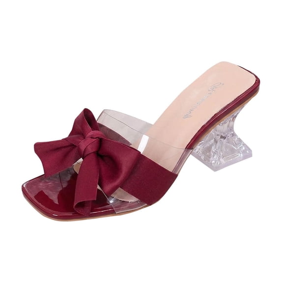 Wine Women'S Elevated Heel Sandal With Clear Bow Accent For Ladies Daily Style