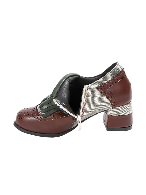 Wine Women'S Heeled Pumps Color Block Solid Round Toe Side Zipper Chunky Heel High Heel All-Season Versatile Casual Dress Shoes Walking Footwear Size 37