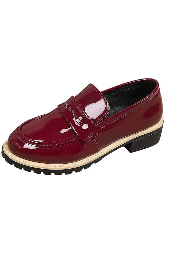 Wine Women'S Loafers Solid Retro British Style Block Heel Comfortable Non-Slip Durable Lightweight Soft Sole Casual Footwear Size 36
