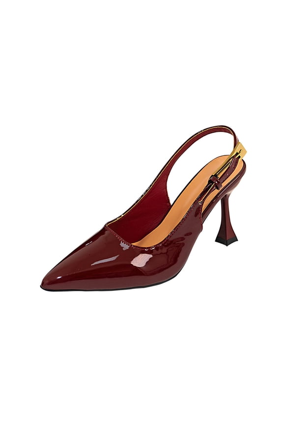Wine Women'S Pumps Buckle Strap Backless Heel Solid Color Pointed Toe Stiletto Glossy Patent Leather For Everyday Wear And Evening Parties Size 36