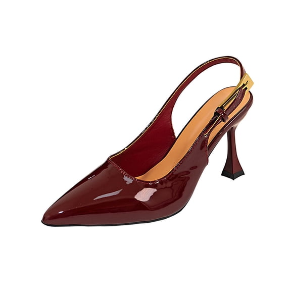 Wine Women'S Pumps Buckle Strap Backless Heel Solid Color Pointed Toe Stiletto Glossy Patent Leather For Everyday Wear And Evening Parties Size 37