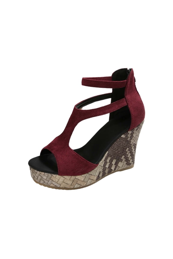 Wine Women'S Sandals Round Toe Open Toe Back Zip Wedge Heel Elevated Sole Comfortable Breathable Casual Outdoor Footwear For Daily Wear Size 38