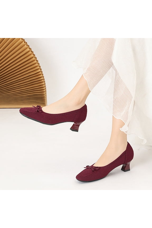 Wine Women'S Square Toe Thick Heel Pumps With Bow Knitted Solid Color Shallow Mouth Fashionable Casual Shoes For All Seasons Size 36 Eu Weight 0.87 Lb