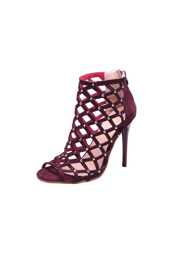 Wine Women'S Stylish Casual Heels In Dramatic Tone With Open Toe, Zipper Back