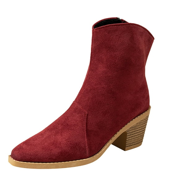Wine Women Short Boots With Square Toe Accent And Thick Heel Crafted For Enhanced Comfort And Elevation Ideal For Cold Season