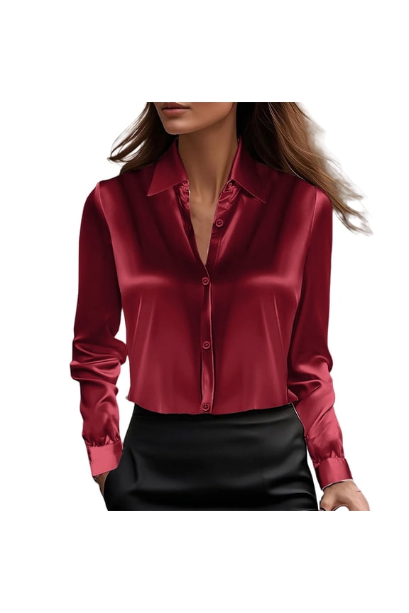 Wine-Women's Button Down Shirt Casual Satin Blouses for Women Button Down Shirts Long Sleeve Tops Wine Women Blending Shirts Women Shirts(L)