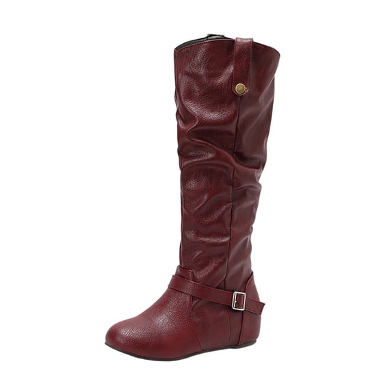 Wine Womens Inner Height Increase Boots With Belt Buckle And Round Toe Mid Calf For A Trendy Look