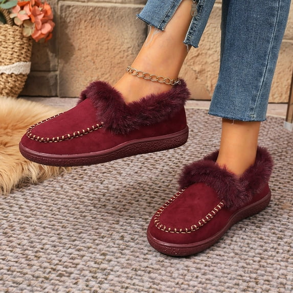 Wine Womens Winter Cotton Shoes Moccasin Style Solid Color Round Toe Fleece Lined Slip On Frayed Collar Warm Soft Lightweight Casual Footwear Size 41