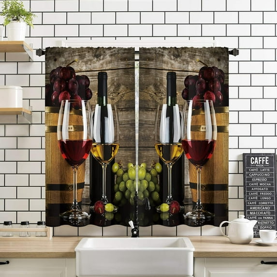 Wine Wooden Kitchen Curtains 2 Panels 27.5W x 39H Rod Pocket Grapes French Bottles and Glasses Drink Fruit Rustic Polyester Window Drapery Treatment for Bedroom Living Room