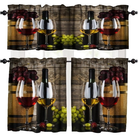 Wine Wooden Valance Curtains for Kitchen, Grapes Fruit Classical Glasses Bottles Decor Backdrop Window Treatments, Rod Pocket Drapes for Living Room Bedroom, 54x18in 1P/27x36in 2P
