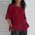 thumbnail image 1 of Wine XL WIZUTIZ Top for Women Holiday Saving Casual Cotton Blend Pure Colour Tee Solid Linen Round Neck Tshirts Summer-Beach Short Sleeve Cozy Style T-shirt Oversize Tunics Tshirt Plain Ladies Blouse, 1 of 4