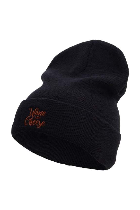 Wine and Cheese Embroidered 12 Inch Long Knitted Beanie - Navy OSFM
