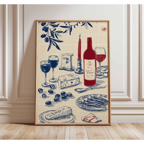 Wine and Cheese Vintage Kitchen Mediterranean Dining Rustic Culinary Artwork, Unframed Paper Poster 8x10in