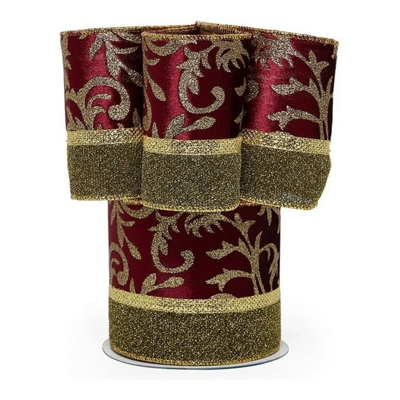 Wine and Gold Florence Christmas Wide Gold Backed Wired Ribbon - 4 Inches Wide X 10 Yards (56090018) - Holiday Ribbons, Wreath Ribbons